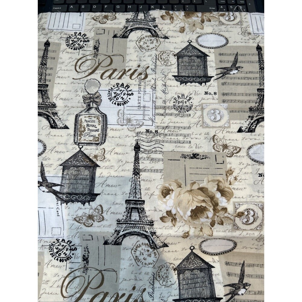 Paris Postcard Stamps Eiffel Tower France Cotton Quilting Fabric Music Notes